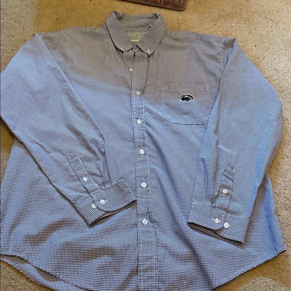 Men's Blue Checkered Button Down Shirt with Penn State Logo